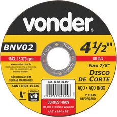 Disco de Corte Vonder 115 mm X 1,0 mm X 22,23 mm Bnv 02